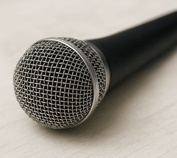 Handmikrofon mit silbernem Metallkorb liegt auf einer hellen, leicht strukturierten Oberfläche.