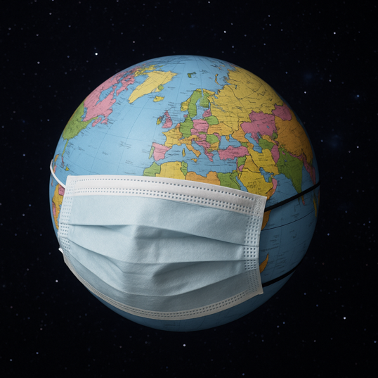 Globusform mit Weltkarte trägt eine medizinische Gesichtsmaske vor sternenklarem Weltraumhintergrund, symbolisiert globale Pandemie.
