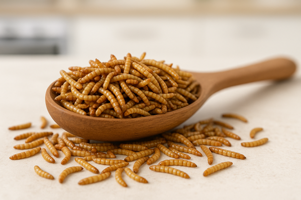 Holzlöffel gefüllt mit getrockneten Mehlwürmern, einige liegen verstreut auf einer hellen Oberfläche im Vordergrund.