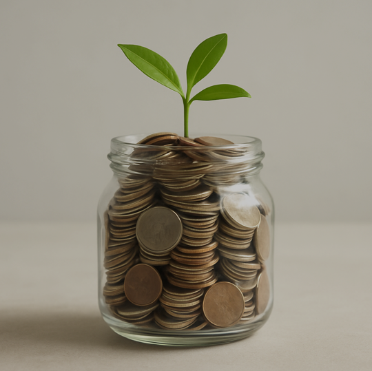 Glas voller Münzen, aus denen ein kleiner grüner Pflanzentrieb wächst, symbolisiert finanzielles Wachstum und Sparen.