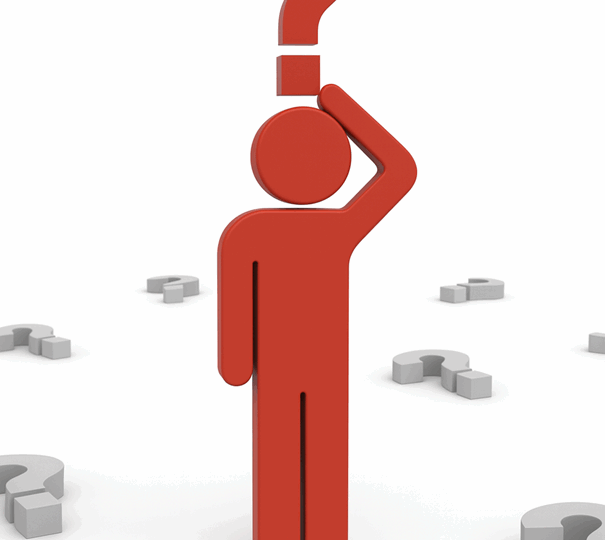 Rote Figur hält den Arm nach oben, über dem Kopf ein großes rotes Fragezeichen; am Boden liegen weitere graue Fragezeichen.