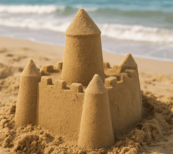 Detailreiche Sandburg mit Türmen und Zinnen am Strand, im Hintergrund das Meer mit sanften Wellen.
