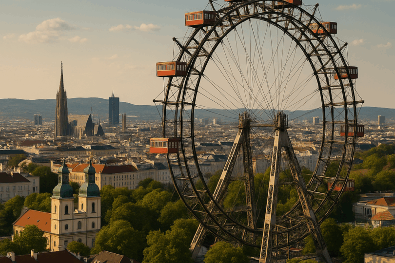 Großes Riesenrad mit roten Gondeln im Wiener Prater, im Hintergrund die Stadtansicht mit Stephansdom und grünen Baumkronen.