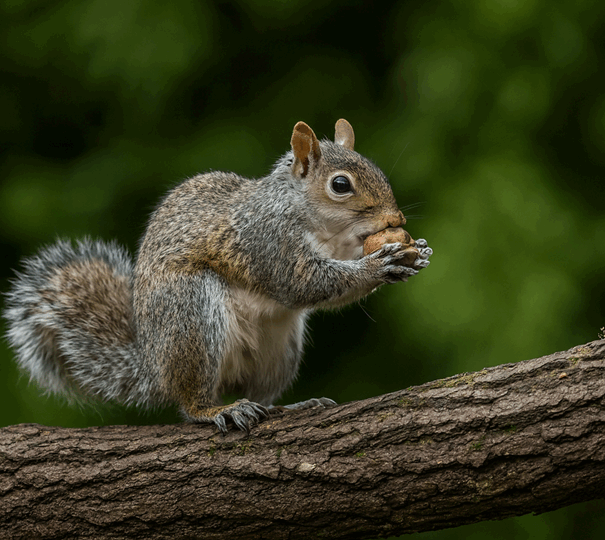 Eichhörnchen sitzt auf einem Ast und frisst eine Nuss, buschiger Schwanz nach hinten gerichtet, grüner Hintergrund.