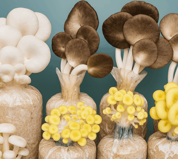 Mehrere Pilzkulturen in Plastikbeuteln mit Substrat, darauf wachsen weiße, braune und gelbe Austernpilze in dichten Büscheln.