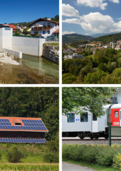Eine Collage aus vier Bildern: ein kleines Wasserkraftwerk in einem Dorf, eine idyllische Stadtansicht mit Kirche und Hügeln, ein Bauernhaus mit Solarpaneelen, und zwei Personen, die mit Fahrrädern an einem roten ÖBB CityShuttle-Zug vorbeifahren.