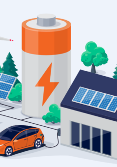 Eine Illustration eines nachhaltigen Energieökosystems: Windturbinen, Solarpaneele und ein Energiespeicher in Form einer großen Batterie versorgen ein modernes Haus mit Solarzellen auf dem Dach. Ein Elektroauto wird angeschlossen und geladen, umgeben von grüner Natur und Bäumen.
