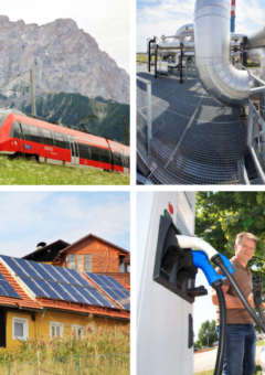 Eine Collage aus vier Bildern zeigt nachhaltige Energie- und Mobilitätslösungen: ein roter Zug vor einer Berglandschaft, industrielle Rohre einer Energieanlage, ein Haus mit Solaranlagen und einen Mann, der ein Elektroauto auflädt.