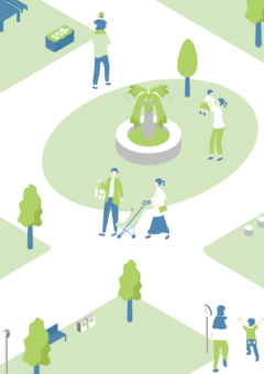 Eine stilisierte Illustration eines Parks mit Menschen, die verschiedene Aktivitäten genießen. Familien entspannen auf Decken, Kinder spielen, und Spaziergänger bewegen sich zwischen Bäumen, Bänken und einer zentralen Springbrunnenanlage. Die Szene vermittelt eine freundliche, gemeinschaftliche Atmosphäre in einer grünen Umgebung.