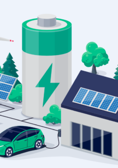 Illustration eines nachhaltigen Energiesystems mit Solarpaneelen, Windturbinen, einem Energiespeicher in Form einer großen Batterie und einem Haus mit Solarpanelen auf dem Dach. Ein Elektroauto ist an das System angeschlossen, das von erneuerbaren Energiequellen umgeben ist, mit Bäumen im Hintergrund.
