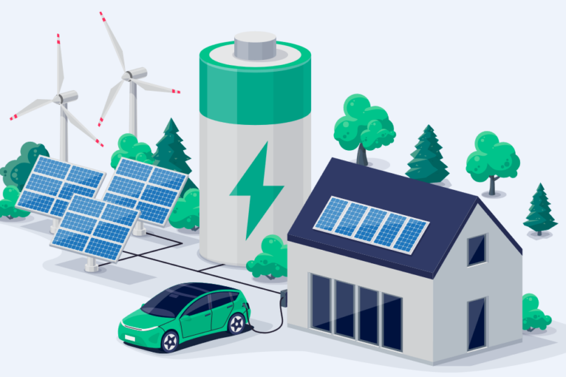 Illustration eines nachhaltigen Energiesystems mit Solarpaneelen, Windturbinen, einem Energiespeicher in Form einer großen Batterie und einem Haus mit Solarpanelen auf dem Dach. Ein Elektroauto ist an das System angeschlossen, das von erneuerbaren Energiequellen umgeben ist, mit Bäumen im Hintergrund.