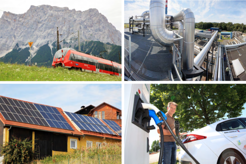 Collage aus vier Bildern: Oben links ein roter Regionalzug vor einer Berglandschaft, oben rechts industrielle Rohrleitungen auf einem Dach, unten links ein Haus mit Solarpaneelen auf dem Dach, und unten rechts ein Mann, der ein Elektroauto an einer Ladestation lädt.