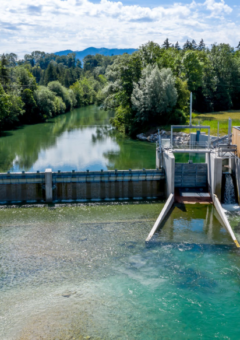 Eine kleine Wasserkraftanlage an einem klaren Fluss, umgeben von Bäumen und einer grünen Landschaft. Die Konstruktion umfasst eine Staumauer und moderne technische Gebäude.