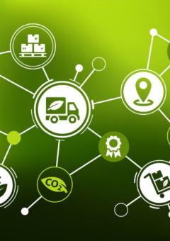 Eine grüne Infografik mit vernetzten Symbolen, die Nachhaltigkeit und Umweltfreundlichkeit darstellen. Die Symbole zeigen unter anderem ein Blatt, eine CO₂-Reduktion, eine Lieferkette, Recycling und erneuerbare Energie, verbunden durch ein Netzwerk auf einem verschwommenen grünen Hintergrund.