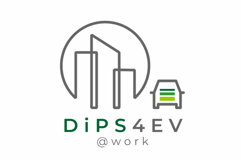 Logo für „DiPS4EV @ work“, mit stilisierten Gebäuden und einem Elektrofahrzeug.