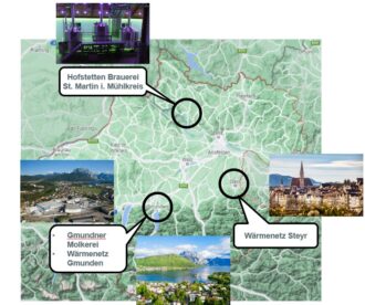 Zu sehen ist eine Landkarte Oberösterreichs mit den STandorten der Hofstetten Brauerei, der Gmuder Molkerei sowie dem Wärmenetz Gmunden und Steyr