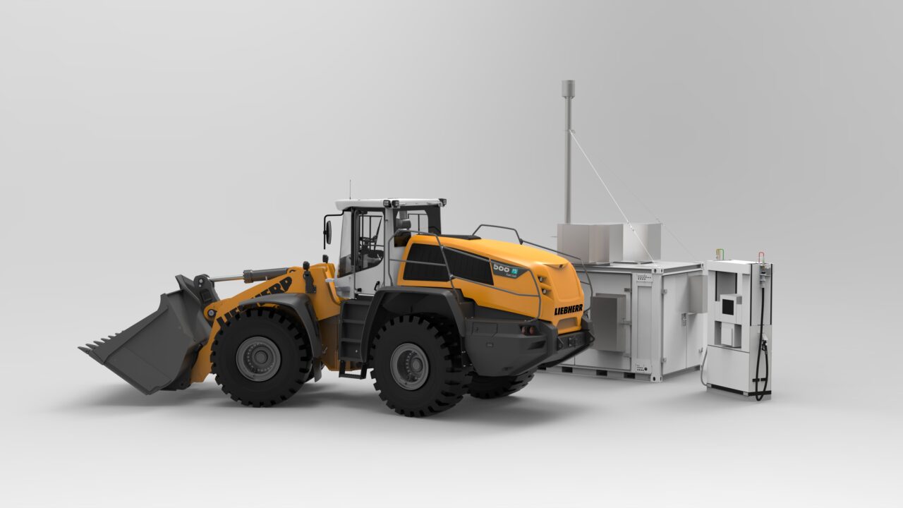 Grafische Darstellung eines gelben und schwarzen Radladers mit LIEBHERR Logo neben einer Ladestation.