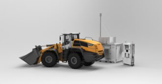 Grafische Darstellung eines gelben und schwarzen Radladers mit LIEBHERR Logo neben einer Ladestation.