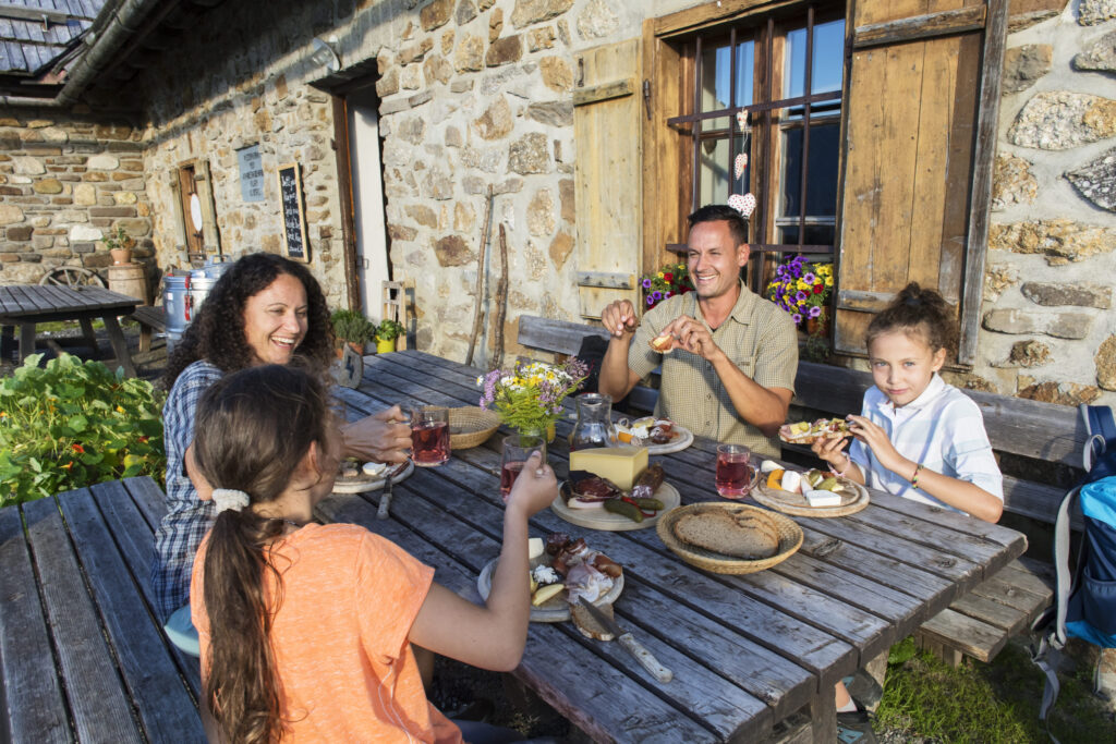 Eine fröhliche Familie mit vier Personen sitzt an einem rustikalen Holztisch im Freien vor einer traditionellen Steinmauer-Almhütte. Sie genießen eine deftige Jause mit Brot, Käse, Wurst, Eiern, Gurken und Gläsern mit rotem Saft. Ein bunter Blumenstrauß steht in der Mitte des Tisches. Die Sonne scheint, es herrscht eine entspannte, gesellige Atmosphäre. Im Hintergrund sind bunte Blumenkästen an den Fenstern und ein kleiner Gemüsegarten zu sehen.