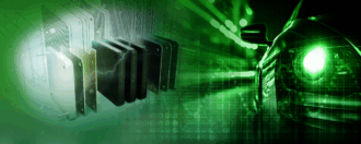 Abstrakter digitaler Technologiehintergrund und Auto mit grünem Farbton
