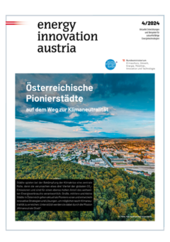 Titelbild des Magazins mit dem Titel „energy innovation austria“, das eine Luftaufnahme einer Stadtlandschaft zeigt, mit einem Text über Pionierstädte und Klimaneutralität.