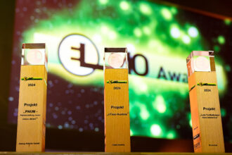 Drei Auszeichnungen des ELMO Award 2024 vor einem lebendigen, unscharfen Hintergrund mit dem Logo der Veranstaltung.