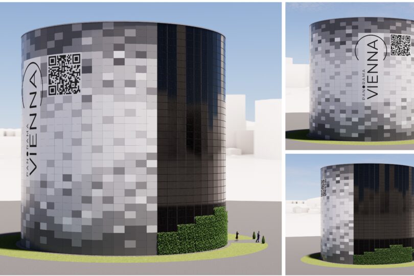 Ein gerendertes zylindrisches Gebäude mit einem verpixelten Design und einem QR-Code mit der Aufschrift „VIENNA“.