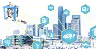 Montage einer Stadtlandschaft mit sechseckigen Symbolen, die intelligente Stadt- und Technologiekonzepte darstellen.