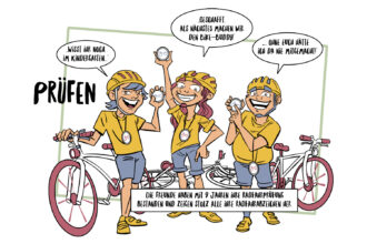 Eine Illustration von drei fröhlichen Kindern in gelben Hemden, die Fahrradsicherheitsabzeichen tragen und neben Fahrrädern stehen.