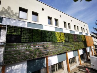 Die Aufnahme zeigt die Außenfassade eines mehrstöckigen Schulgebäudes mit einer großflächigen vertikalen Begrünung. Die Pflanzen sind in mehreren vertikalen und horizontalen Segmenten angeordnet und bilden unterschiedliche Farbmuster – von Grün über Gelb bis hin zu rötlichen Tönen. Die Fassadenbegrünung ist in ein modernes architektonisches Raster aus Holz- und Metallelementen integriert. Oberhalb der Begrünung befinden sich Fensterreihen. Es ist sonnig, der Himmel ist blau, und im Vordergrund sind Schatten von Bäumen zu sehen. Die Szene wirkt gepflegt und technisch durchdacht – vermutlich handelt es sich um ein Forschungsprojekt zur Gebäudebegrünung an einer HTL.