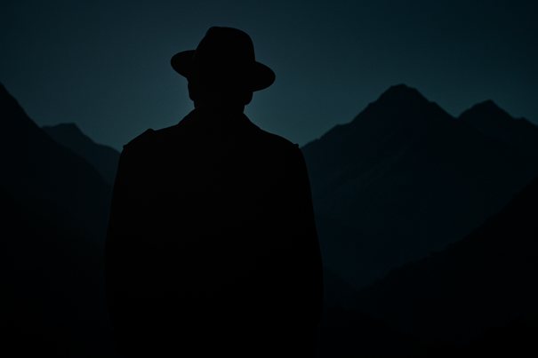 Silhouette einer Person mit Hut vor dunklen Gebirgszügen in der Dämmerung, Rücken zur Kamera, ruhige und geheimnisvolle Stimmung.