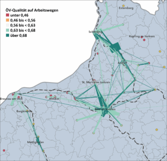 Darstellung guter und schlechter ÖPV-Verbindungen auf einer Karte des Innviertels. Rote und orange Linien symbolisieren schlechte ÖV-Abdeckung, grüne Linien eine gute. Auf dieser Abbildung sieht man wenige grüne Linien.