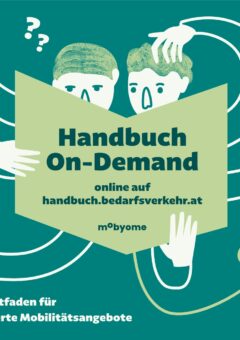 Illustration für „Handbuch On-Demand“, einen digitalen Leitfaden für Mobilitätslösungen, mit zwei animierten Figuren, die ein großes Buch lesen.