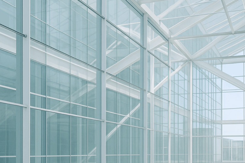 Transparente Glasfassade mit vertikalen und horizontalen Rahmen, die Licht durchlässt und eine moderne Architektur zeigt.