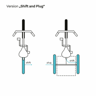 Diagramm, das den „Shift and Plug“-Mechanismus für ein Fahrrad zeigt und die Bewegungs- sowie Verbindungspunkte der Komponenten darstellt.