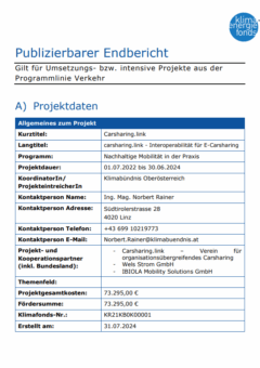 Deckblatt publizierbarer Endbericht carsharing.link, Tabelle mit Projektinformationen