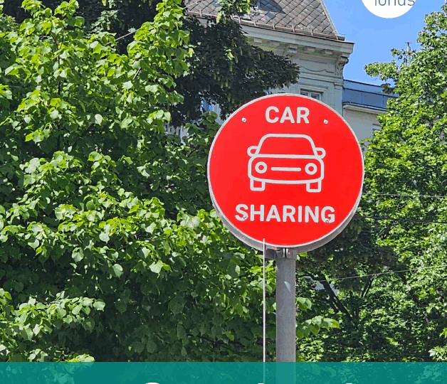 Carsharing-Schild umgeben von Bäumen und ein Titel "Carsharing Praxishandbuch für Initiativen und Gemeinden"