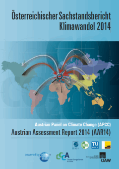 Titelblatt des Österreichischen Sachstandsberichts Klimawandel 2014 mit Weltkarte und Pfeilen, die von Europa aus verschiedene Kontinente verbinden, Logos von beteiligten Organisationen unten