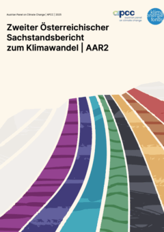 Titelblatt des Zweiten Österreichischen Sachstandsberichts zum Klimawandel AAR2 mit farbigen, geschwungenen Linien und Logos von APCC und Klima- und Energiefonds