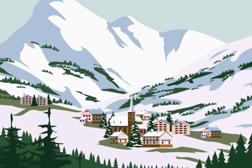 Dorf mit Häusern und Kirche in einem schneebedeckten Tal vor hohen Bergen mit Schneefeldern und Nadelwäldern