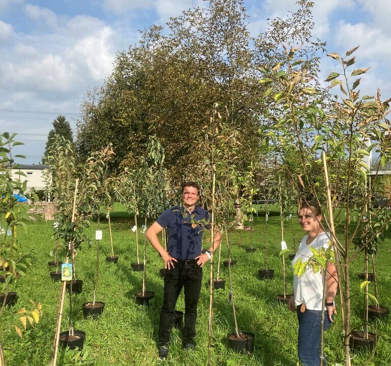 Zwei Personen stehen auf einer grünen Wiese zwischen zahlreichen jungen Bäumen in Töpfen. Die Szene spielt sich bei sonnigem Wetter unter teils bewölktem Himmel ab. Im Hintergrund sind größere Bäume und Gebäude erkennbar.