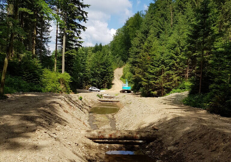 Ein neu angelegter Entwässerungsgraben mit kleinen Wasseransammlungen verläuft durch einen bewaldeten Hang. Über den Graben führen einfache Brücken aus Baumstämmen. Im Hintergrund sind ein Bagger und ein Auto auf einem Forstweg sichtbar, umgeben von dichtem Nadelwald unter blauem Himmel mit einzelnen Wolken.