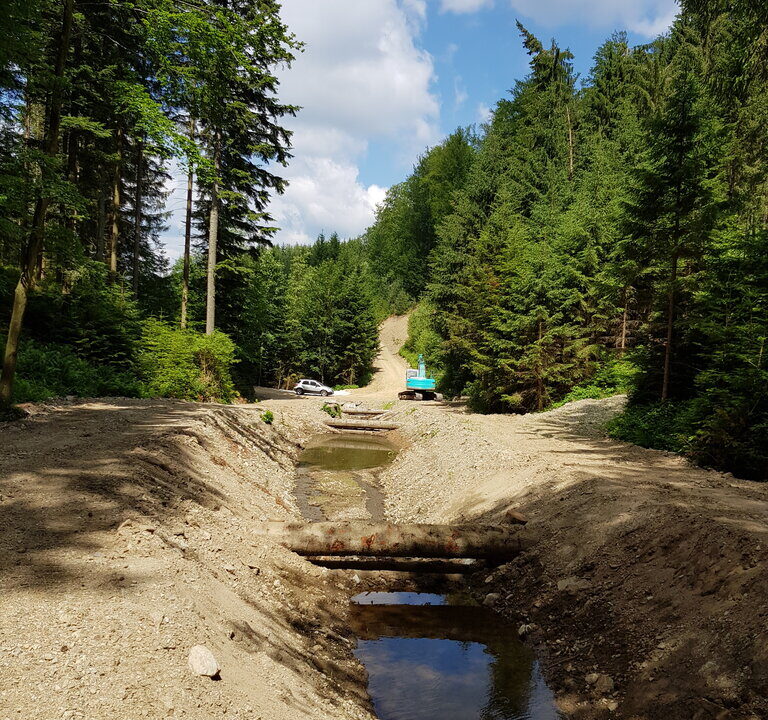 Ein neu angelegter Entwässerungsgraben mit kleinen Wasseransammlungen verläuft durch einen bewaldeten Hang. Über den Graben führen einfache Brücken aus Baumstämmen. Im Hintergrund sind ein Bagger und ein Auto auf einem Forstweg sichtbar, umgeben von dichtem Nadelwald unter blauem Himmel mit einzelnen Wolken.