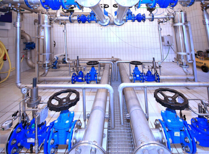 Innenansicht einer modernen Wasseraufbereitungsanlage mit mehreren Edelstahlrohren, blauen Ventilen und Armaturen auf gefliestem Boden. Die Anlage zeigt ein komplexes Rohrleitungssystem mit Absperrschiebern, Druckanzeigern und automatisierten Steuerungen.