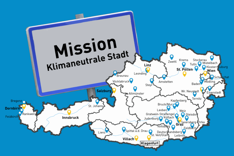 Karte von Österreich mit Städten und der Aufschrift 'Mission Klimaneutrale Stadt' auf einem Schild im Vordergrund