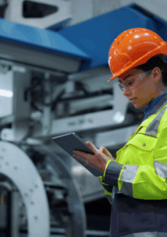 Eine Frau in technischer Arbeitskleidung mit Helm, vertieft in ihr Tablet, in einer Werkshalle.