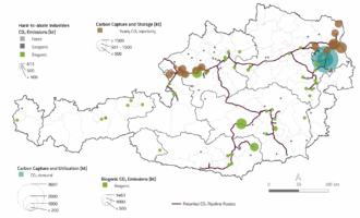 Potenzielle CO₂-Quellen und -Senken inkl. Transportinfrastruktur im Jahr 2050 (im Szenario „Moderate“)