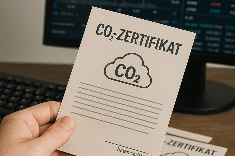Hand hält CO₂-Zertifikat mit Wolkensymbol und Text 'CO₂ ZERTIFIKAT', darunter Linien und 'Unterschrift', vor Computerbildschirm mit Kursdiagramm.