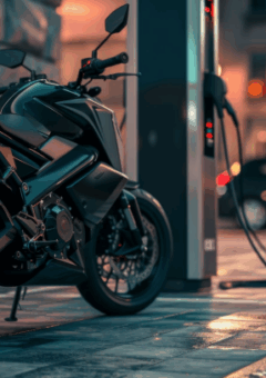 Ein schwarzes E-Motorrad vor einer Ladesäule.
