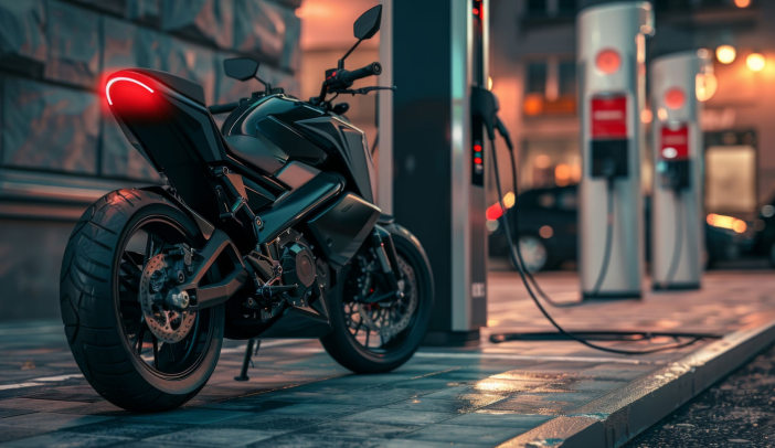 Ein schwarzes E-Motorrad vor einer Ladesäule.